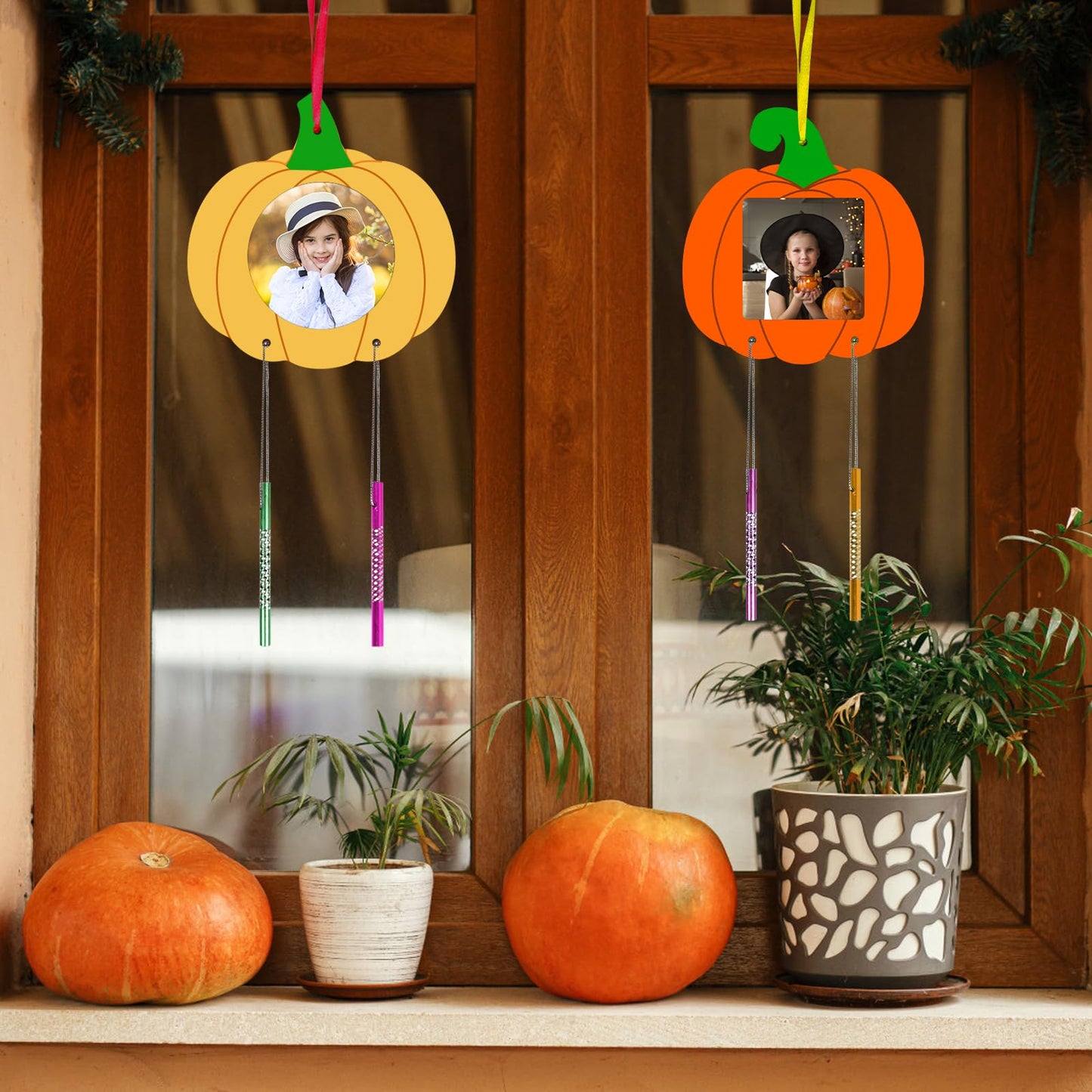 Fennoral 12 Pack Pumpkin Wind Chime Kit for Kids Make You Own Pumpkin Photo Frame Wind Chimes DIY Paint Fall Craft Wooden Ornaments for Art Project