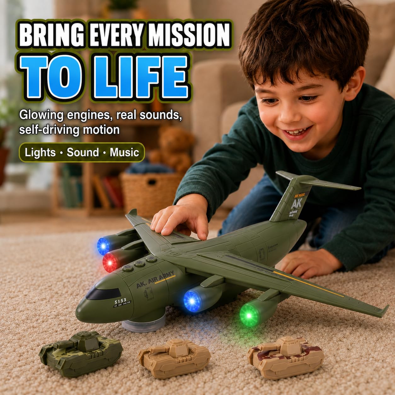 Military Transport Aircraft | Kids Airplane Toy with Light and Sound Effects | Cargo Plane Toy in Army Green | Army Toys for Boys | Military Toys