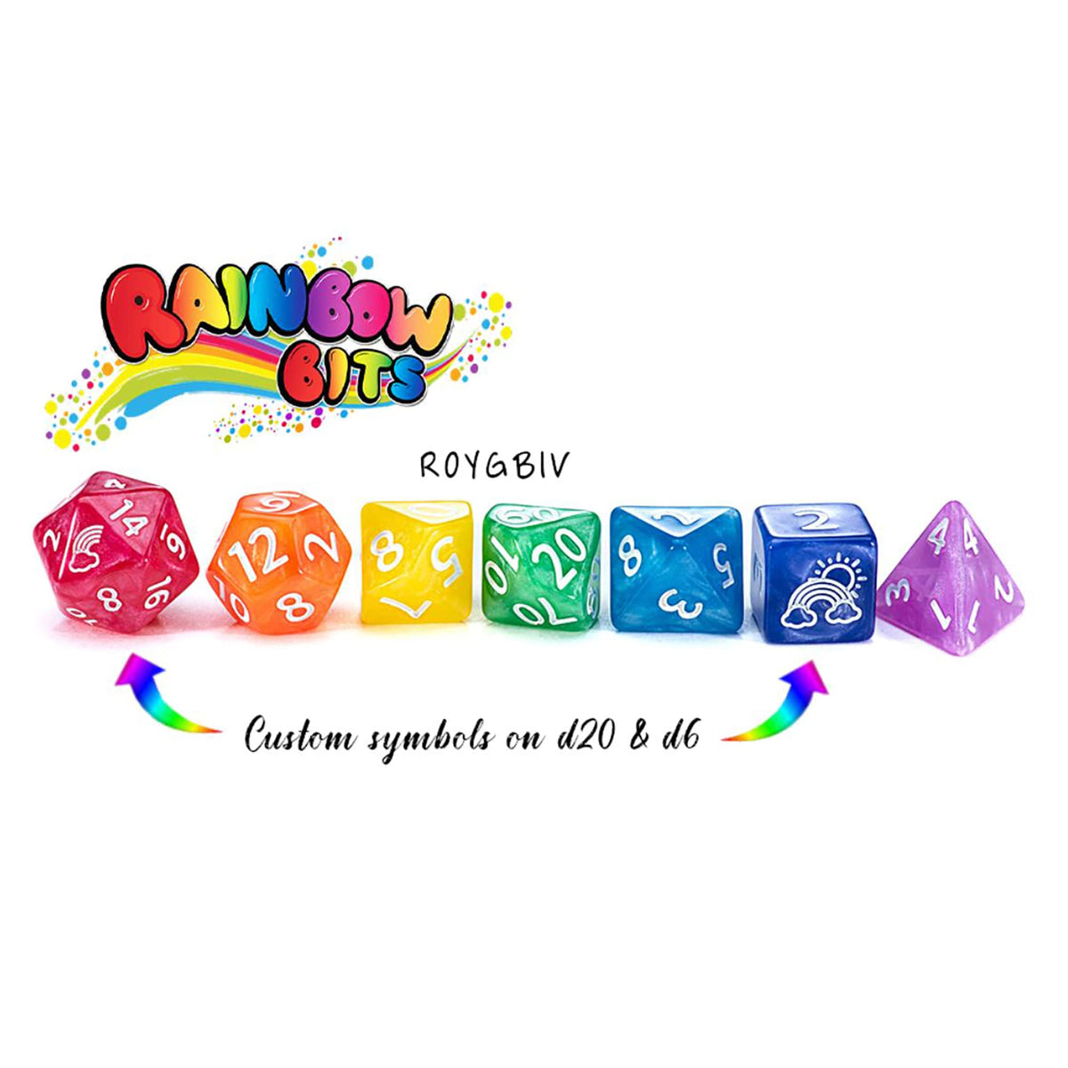Gate Keeper Games & Dice Gate Keeper Games Mighty Tiny Dice: Rainbow Bits - 7 Piece RPG Dice Set, 12mm Resin Dice Set, Custom Logos on d20 and d6