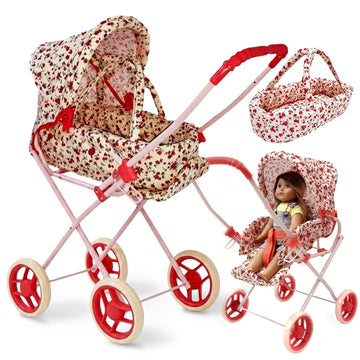 Baby Doll Stroller Play Set, 3-in-1 Babydoll Stroller with Removable Bassinet Baby Carriage for Dolls Toy Doll Stroller for Toddlers 3-4 Years