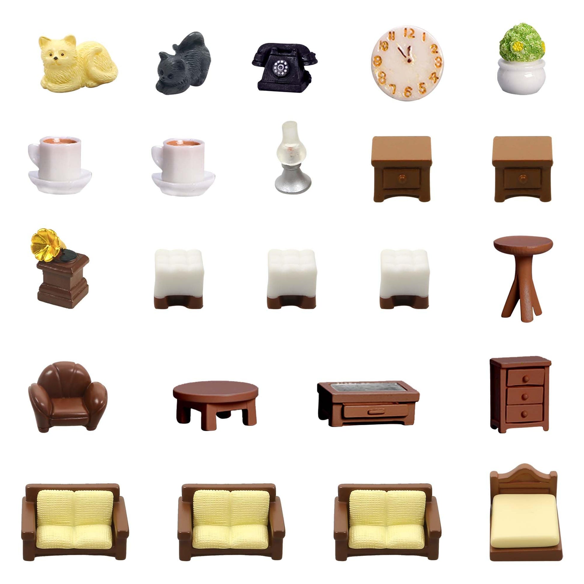 23pcs Brown Dollhouse Mini Furniture Kit Decoration DIY Accessories Including Dining Room Sitting Living Bedroom Set Toys for Baby Boys Children Girls