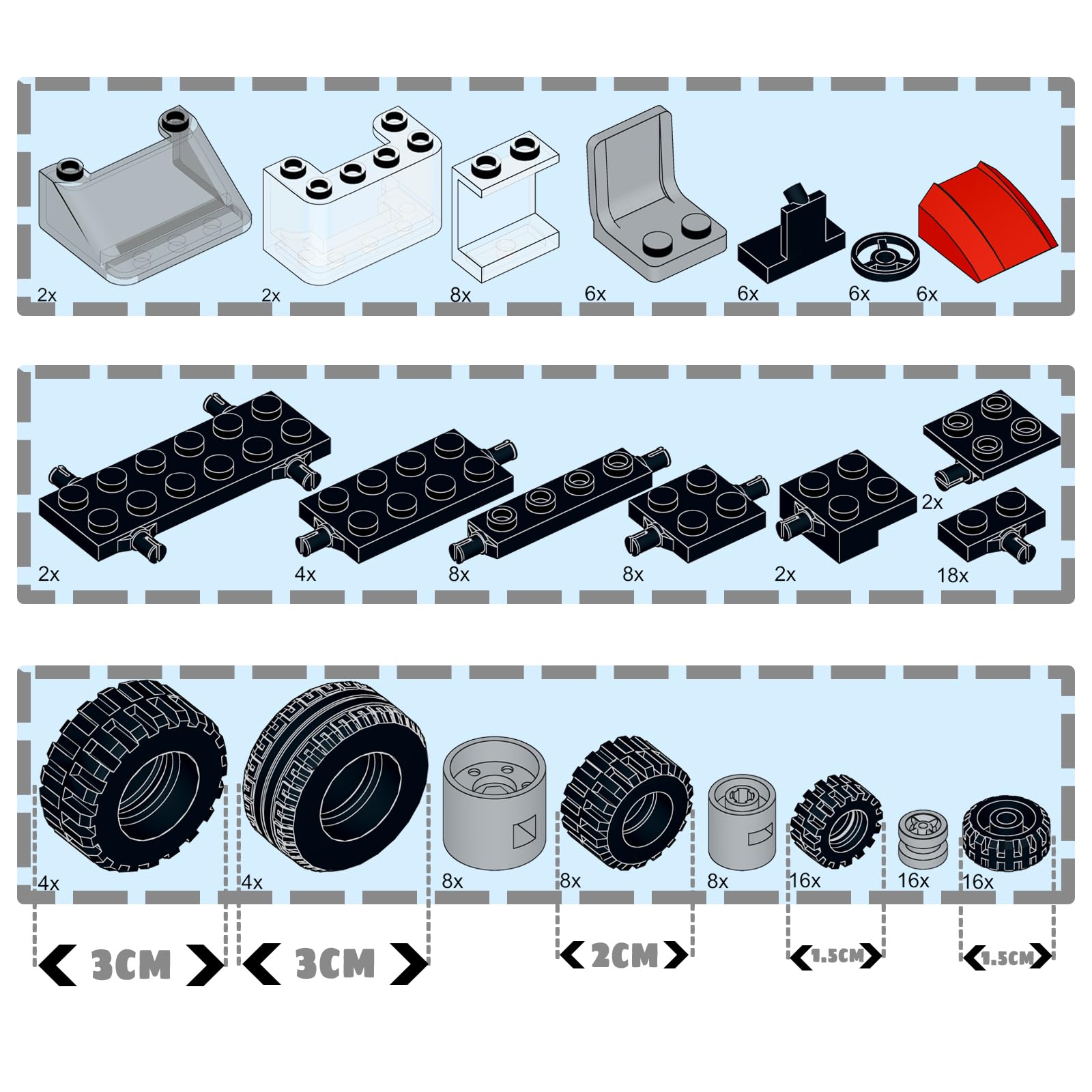 LANMANUO 160PCS Wheels and Axles Sets Car Parts Building Kit with Tires, Windshield, Chassis & Steering Wheel Compatible with Major Brands