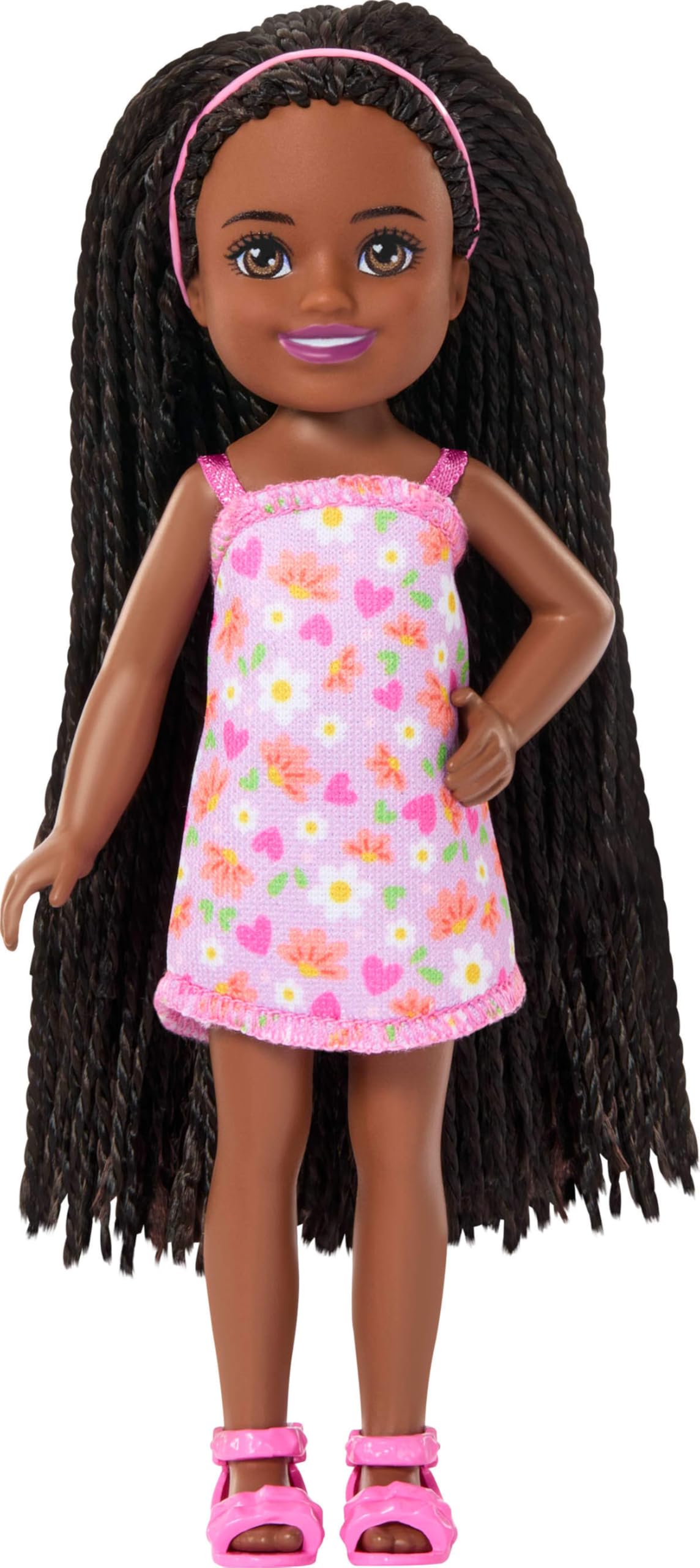 Barbie Club Chelsea Small Doll, 6-Inch Ari with Braided Hair Wearing Removable Flower-Print Dress & Pink Sandals