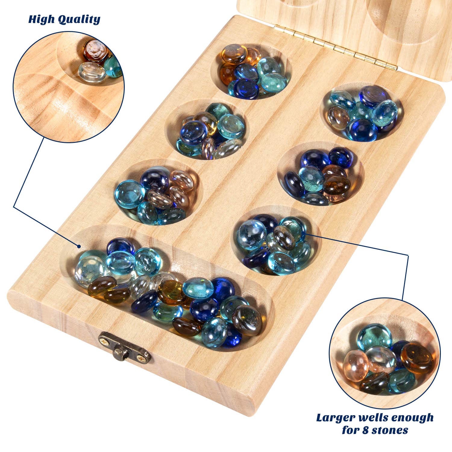 AMEROUS Wooden Mancala Board Game Set - Folding Board - Multi Color Glass Stones - Gift Package - Mancala Instructions, Portable Travel Board Game