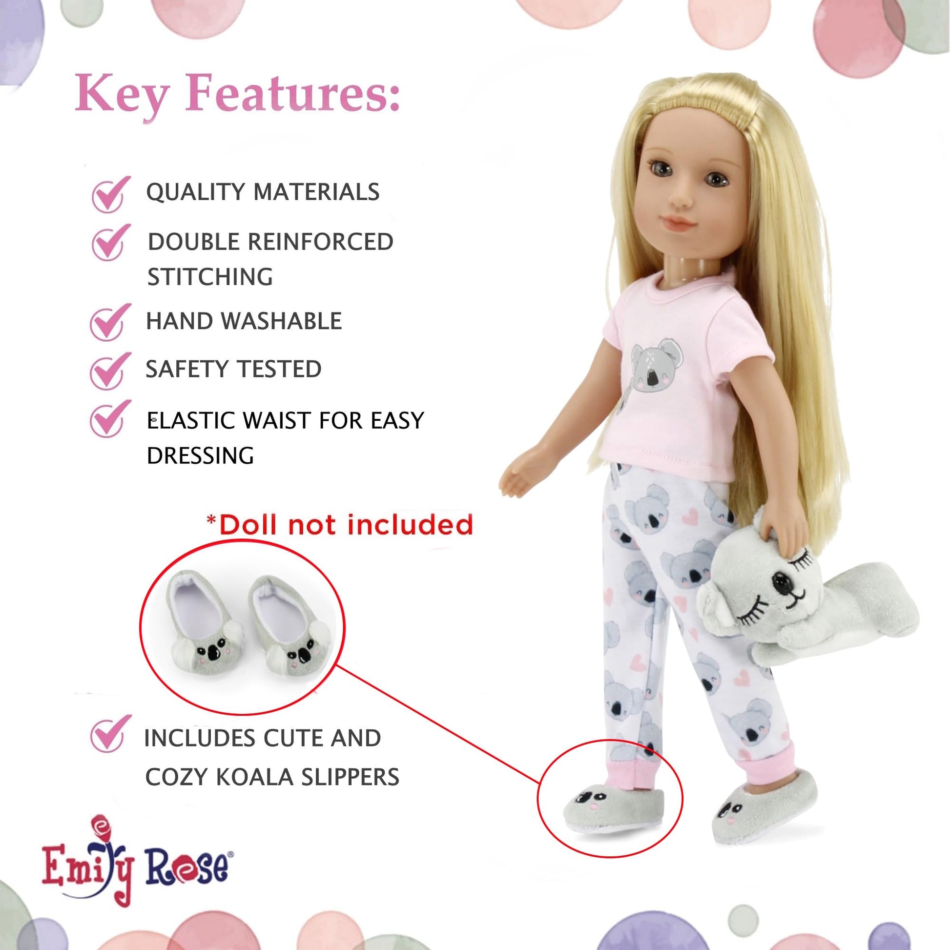 Emily Rose 14 Inch Doll Clothes - 5PC Koala Pajama PJ Sleepover Set with Slippers & Toy | USA Brand | PJs Compatible with Glitter Girls & Wellie