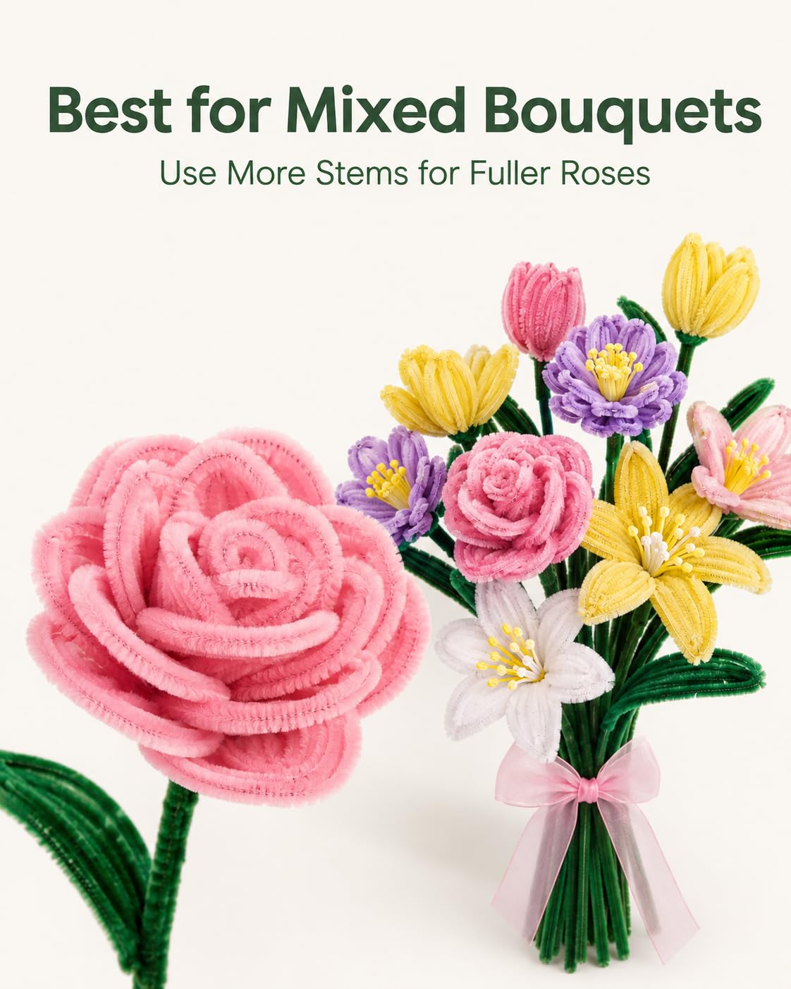 Anpyxun Pipe Cleaner Flower Kit for Adults, 600 PCS All-in-One Chenille Stems Flower Bouquet Making Kit with Video Tutorials, 6 Colors Forever Flower
