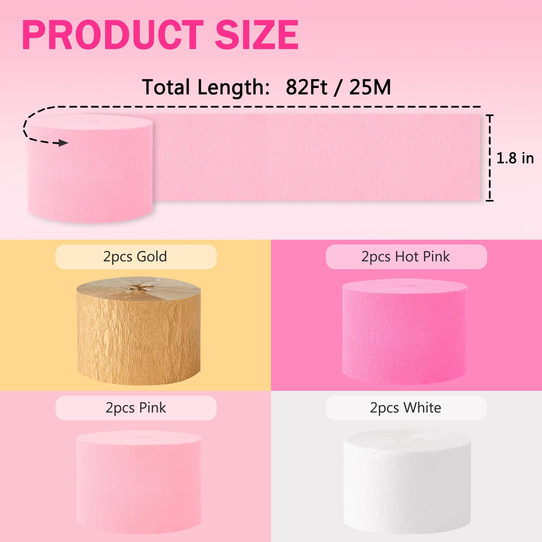 Pink Streamers Party Decorations, 8 Rolls 656ft Pink and Gold Crepe Paper Streamers for Wedding, Bridal Shower, Baby Shower, Birthday, Valentines Day