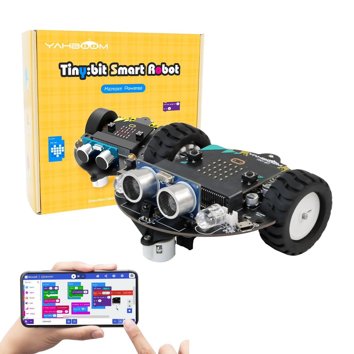 Yahboom Microbit V2 Robot Intelligent Obstacle Avoidance Follow Makecode Graphical Programming Python Programming?with Microbit V2? Pre-Assembled