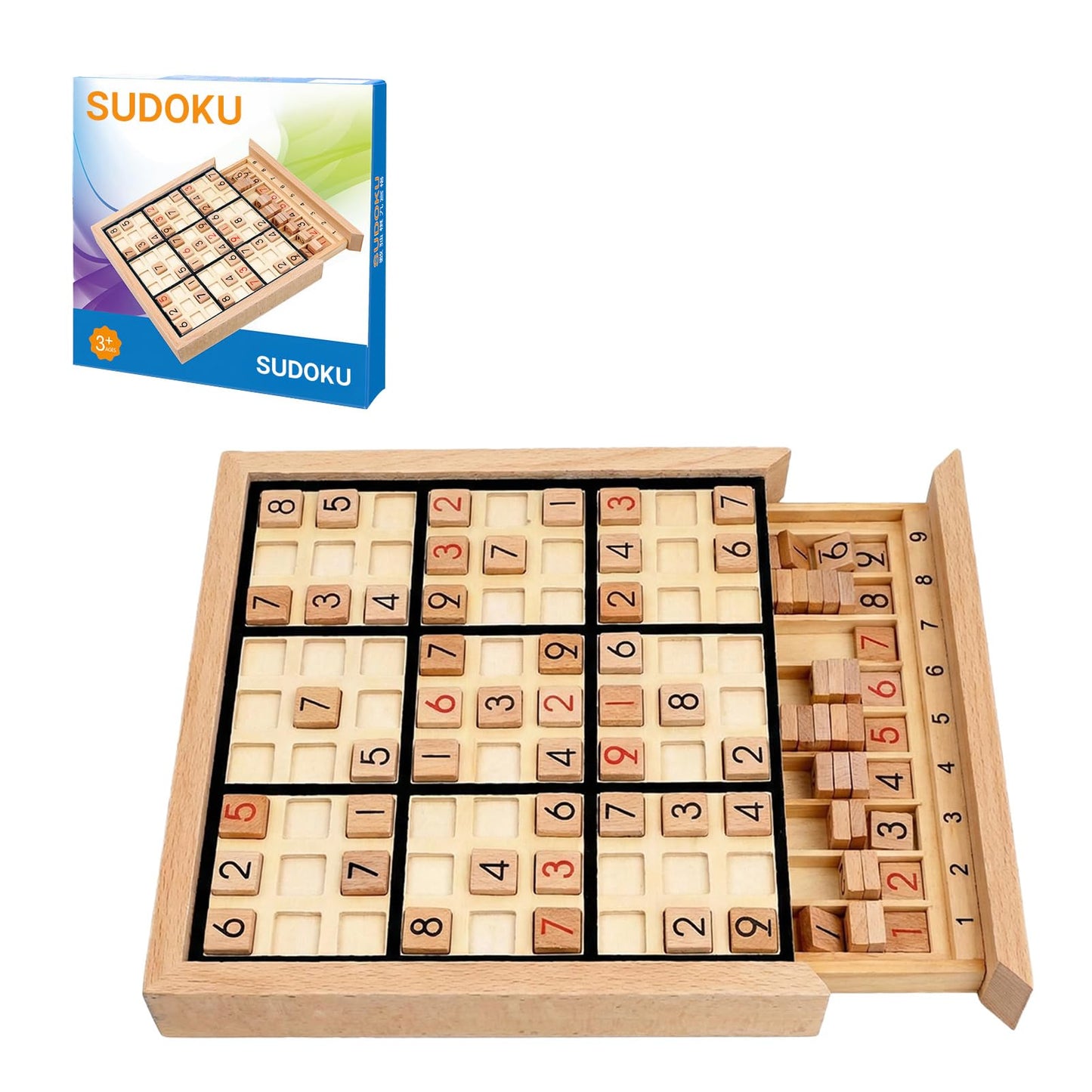 Wooden Sudoku Puzzle Board Game Set with Drawer, 9x9 Math Brain Teaser Desktop Game, Natural Beechwood Logic Thinking Training Toy for Adults