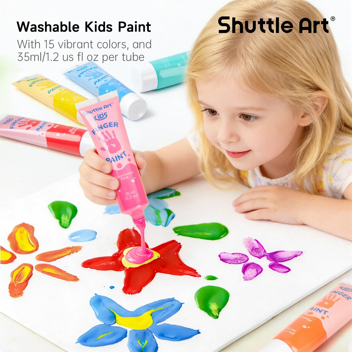 Shuttle Art Washable Finger Paint for Toddlers, 15 Vibrant Colors (1.2 fl oz) Toddler Paint, Non-Toxic Finger Painting for Toddlers 1-3, Kids Arts