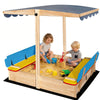 HOMELONG Wooden Sandbox with Cover Lid Adjustable Canopy Foldable Bench Seat Bottom Liner Large Sand Pit Aged 3-12 Outdoor 48x48 Inch Sand Box