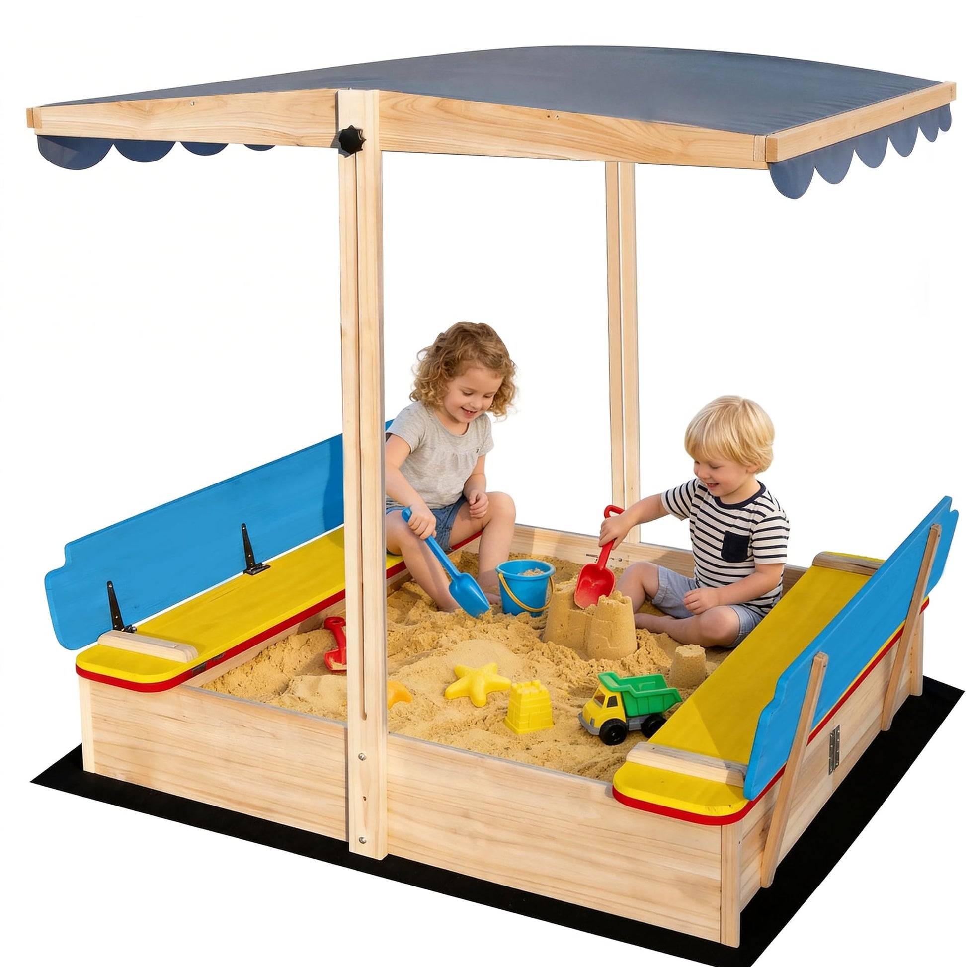 HOMELONG Wooden Sandbox with Cover Lid Adjustable Canopy Foldable Bench Seat Bottom Liner Large Sand Pit Aged 3-12 Outdoor 48x48 Inch Sand Box