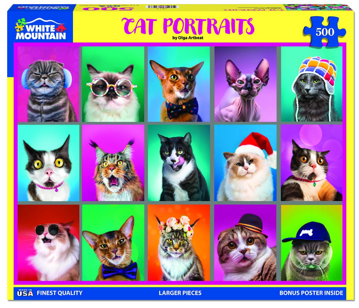 White Mountain 500 Piece Jigsaw Puzzle Funny Collage Cats, Cat Portraits