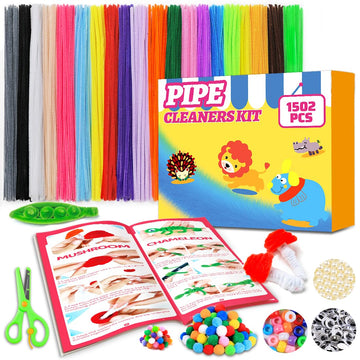 Tiehuoxia Craft Pipe Cleaners 1000pcs in 20 Colors & Mixed Supplies 500pcs, Scissors & Tutorial Manual Included, Multicolor Pony Beads, Googly Eyes