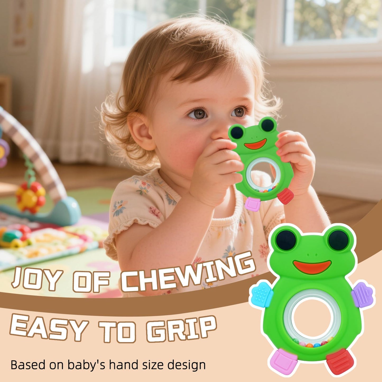 WALULAN Baby Teething Rings Toys,Over Sized of A Frog Infant Toys Relief Teethers for Babies 3-6-12-18 Months,Sensory Toys Rattle Teether Silicone