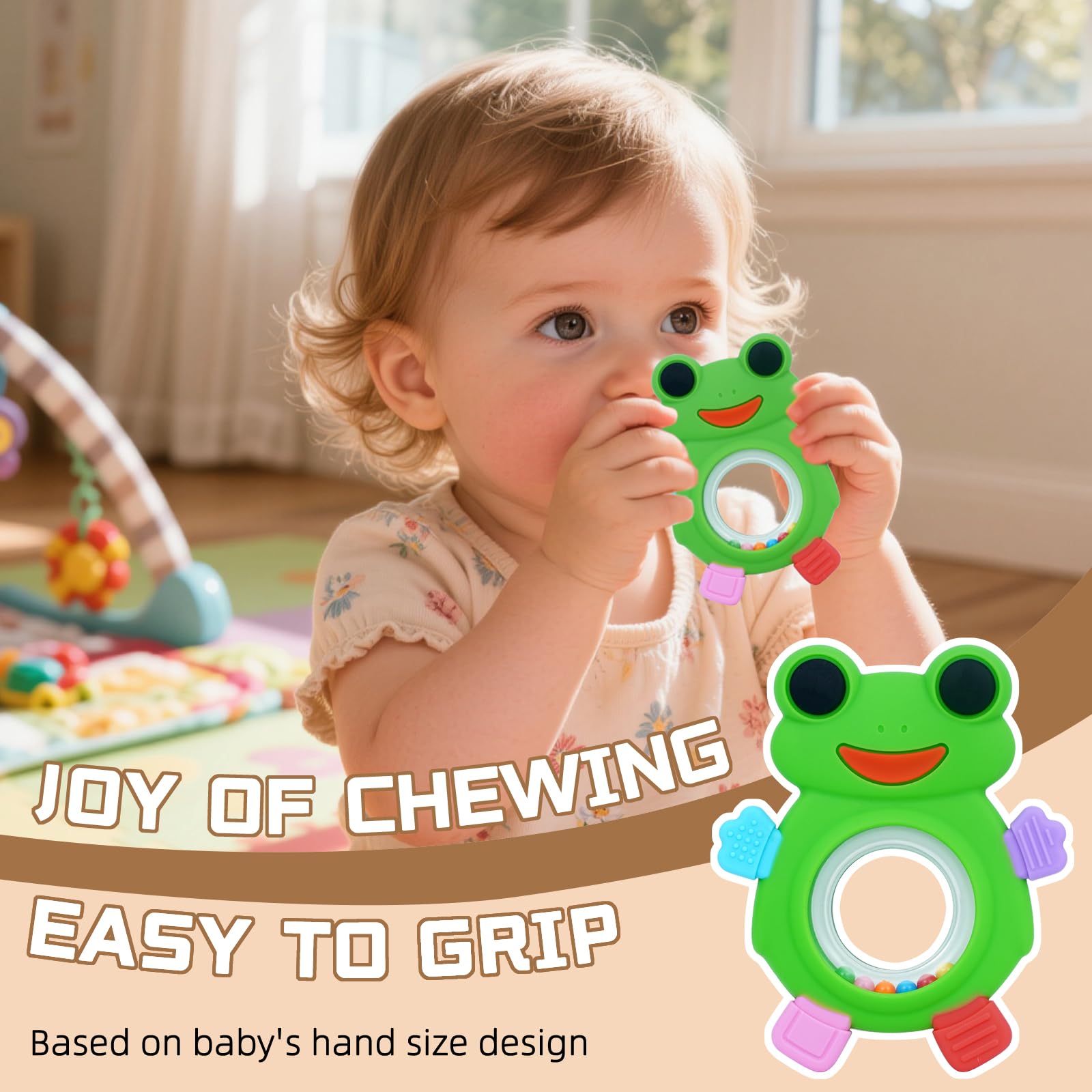 WALULAN Baby Teething Rings Toys,Over Sized of A Frog Infant Toys Relief Teethers for Babies 3-6-12-18 Months,Sensory Toys Rattle Teether Silicone