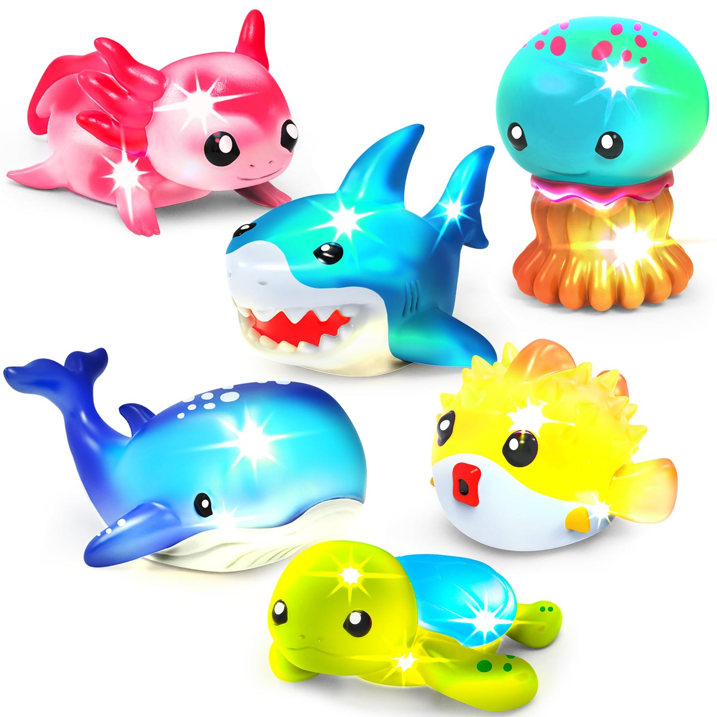 Tub Works® Under the Sea™ Light Up Bath Toys, 6 Pack | Water-Activated Light Up Toys Flash & Change Color | Easy-Grip Baby & Toddler Bath Toys |