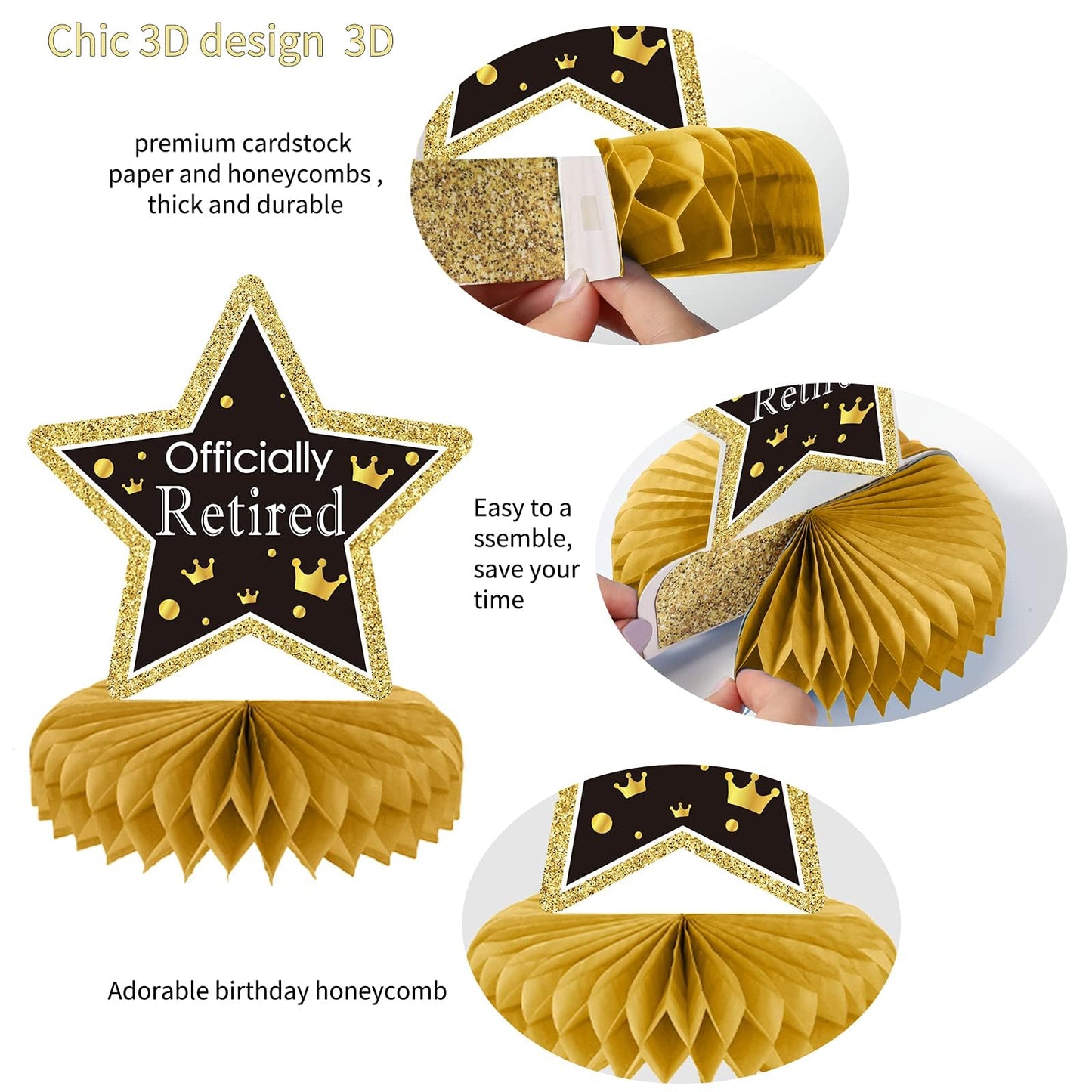 9PCS Retirement Party Decorations Gold Retirement Party Centerpiece Honeycomb Glitter Table Decorations Toppers for Happy Retirement Party Supplies