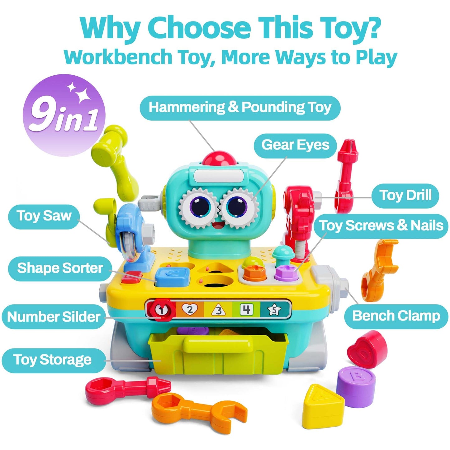 iPlay, iLearn Toddler Musical Workbench Toys for One Year Old Boys, Baby Pretend Play Tool Set, Infant Shape Sorter Activities, Kids Pounding Game