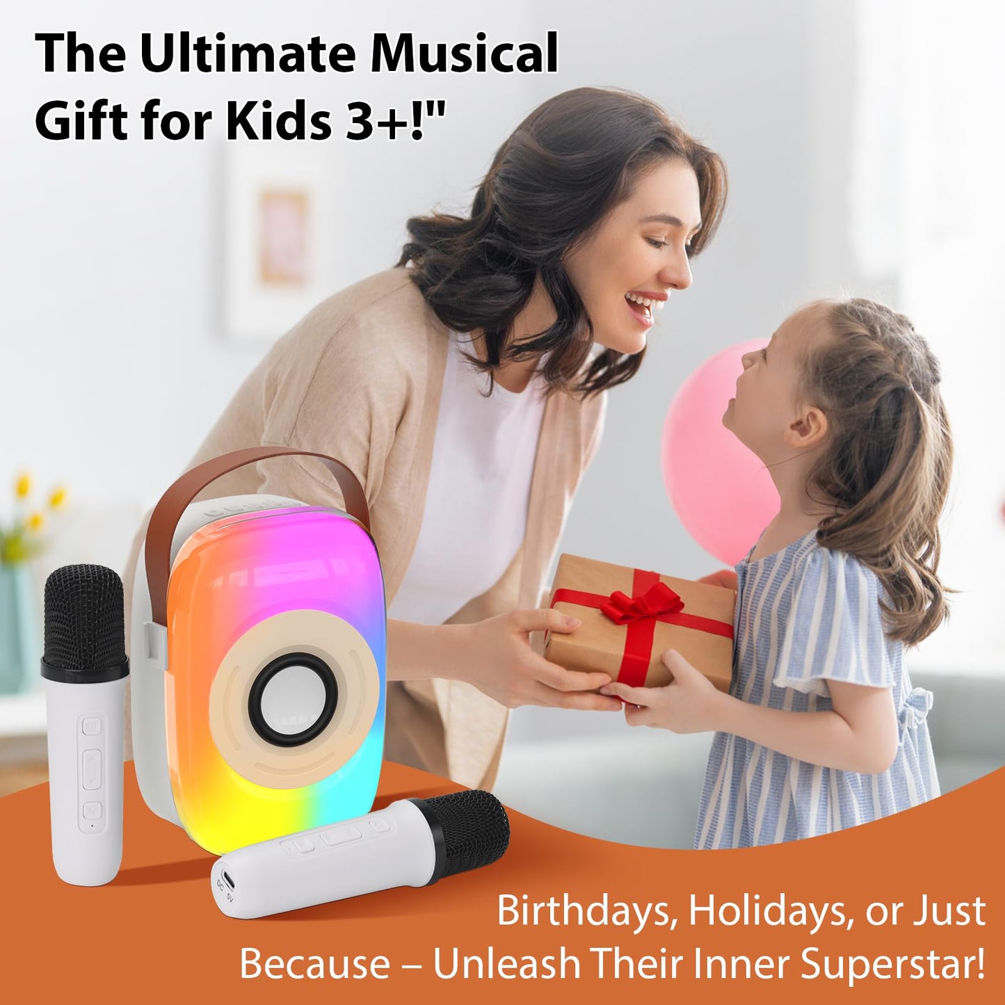 Kids Karaoke Machine, Bluetooth Mini Portable Karaoke Machine, with 2 Wireless Microphone and Speaker, Toys for All Smartphones, Birthday, Family