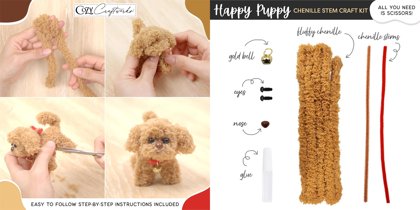 WeVeel Cozy Craftworks Chenille Stem Animal Craft Kit for Adults - Create 4 Adorable Animals (Kitty, Puppy, Bird & Owl) - Relaxing DIY Arts & Crafts