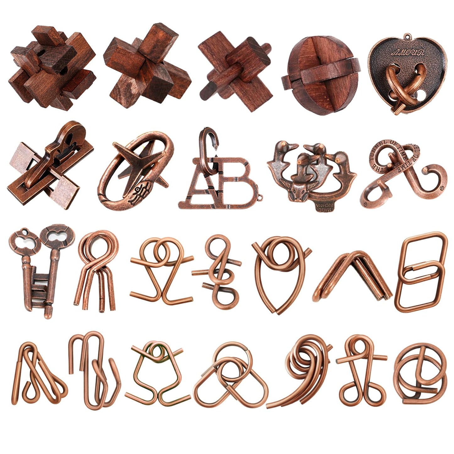 24 Pcs Brain Teaser Puzzles for Adults - Metal & Wooden 3D IQ Test Logic Game, Unlock Interlocking Brain Puzzle Toys for Teens Kids, Smart Educational