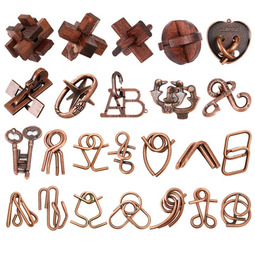 24 Pcs Brain Teaser Puzzles for Adults - Metal & Wooden 3D IQ Test Logic Game, Unlock Interlocking Brain Puzzle Toys for Teens Kids, Smart Educational