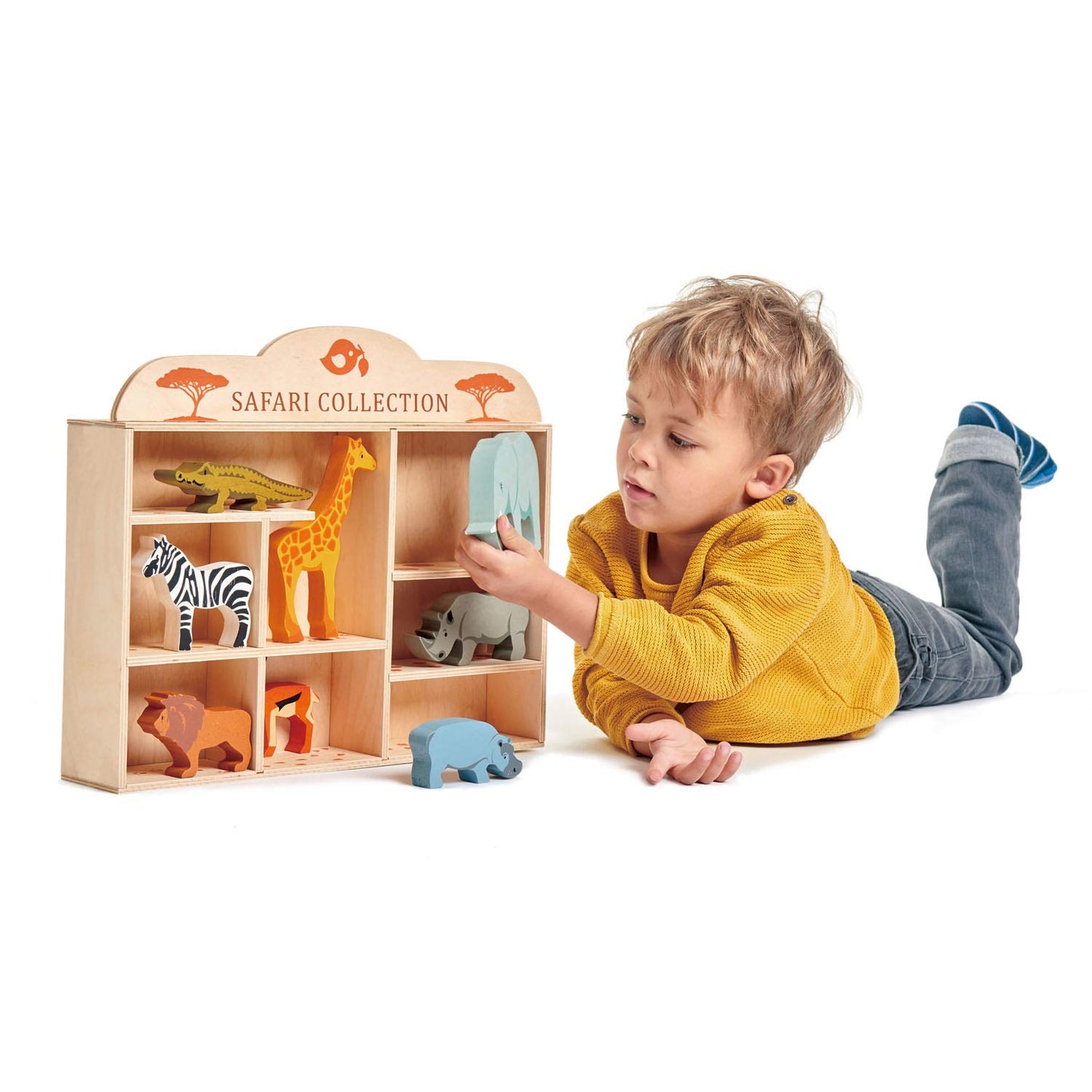 Tender Leaf Toys Safari Animals - 8 Wooden Zoo Figurines with a Display Shelf -Classic Toy for Pretend Play - Develops Social, Creative & Imaginative