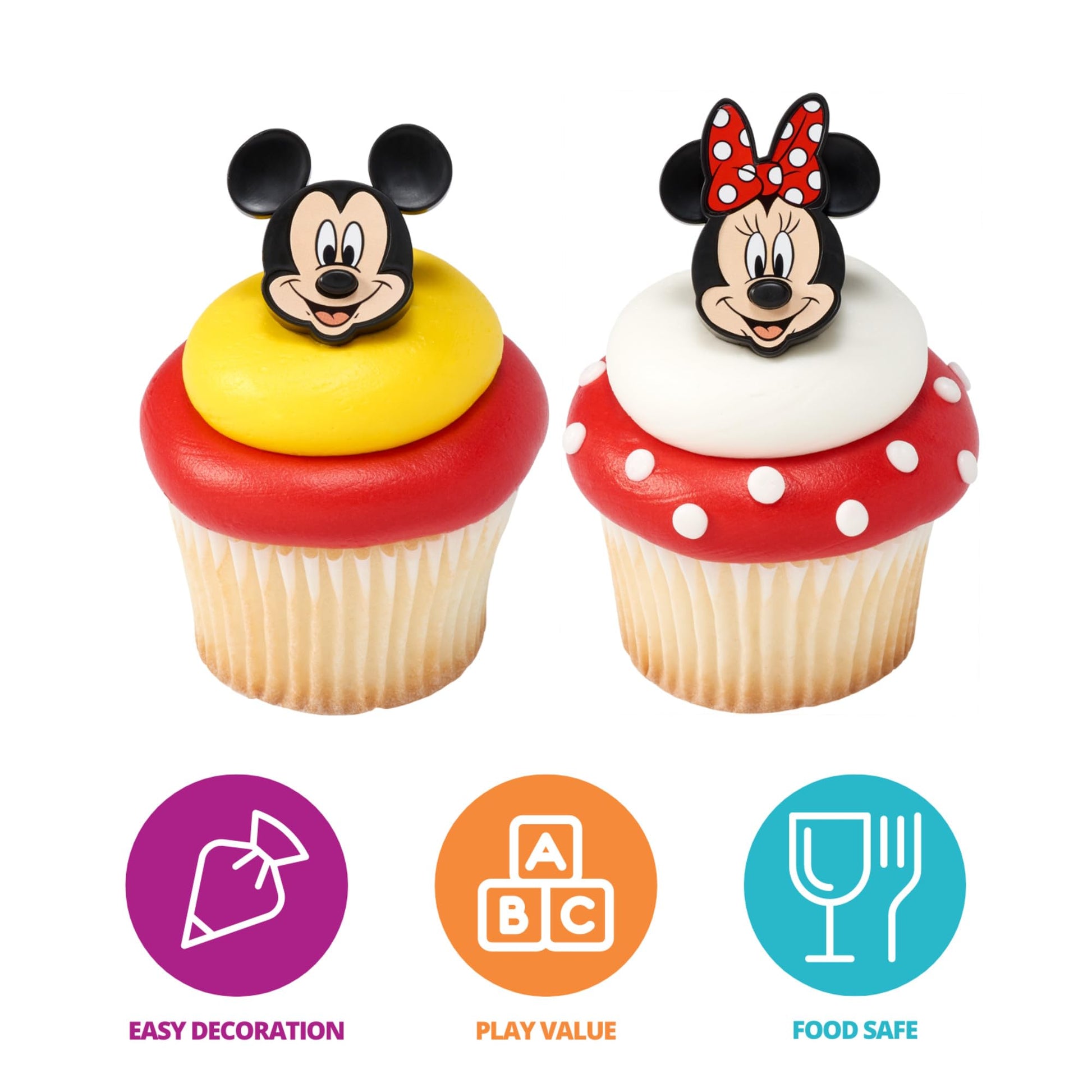 DecoPac Disney's Mickey Mouse and Minnie Mouse Rings, 24 Classic Disney Cupcake Decorations, Cake Toppers For Birthday, Parties, Celebrations - 24