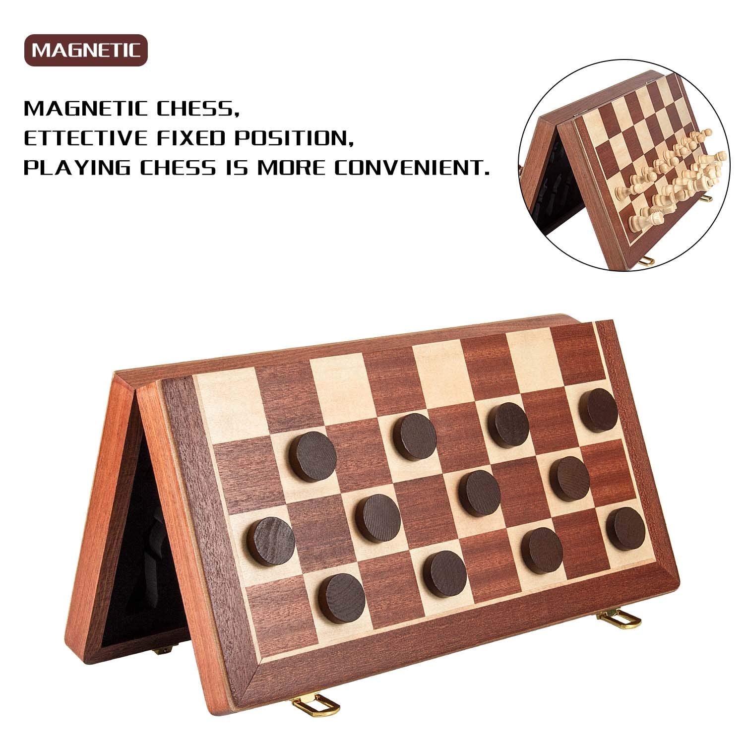 AMEROUS 15 Inches Magnetic Wooden Chess & Checkers Set (2 in 1) - Folding Board -Gift Box Packed -24 Cherkers Pieces -2 Extra Queens, Beginner Chess