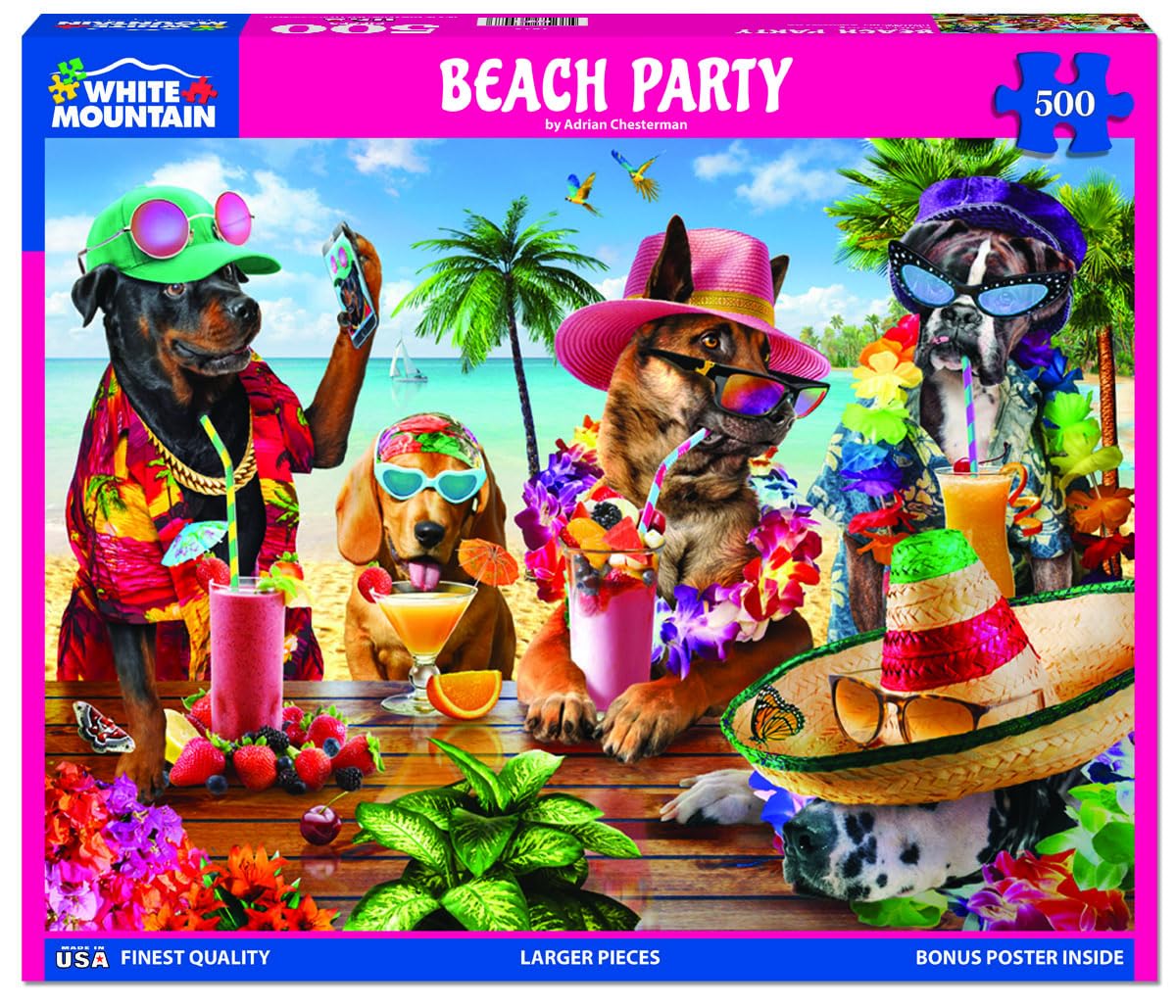 White Mountain 500 Piece Jigsaw Puzzle Funny Dog Summer Gift, Beach Party