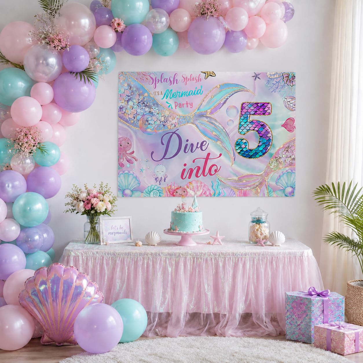 Mermaid birthday decorations Mermaid 5th Happy Birthday Backdrop Banner for Girls Party Under The Sea Birthday Party Decorations 5th birthday mermaid