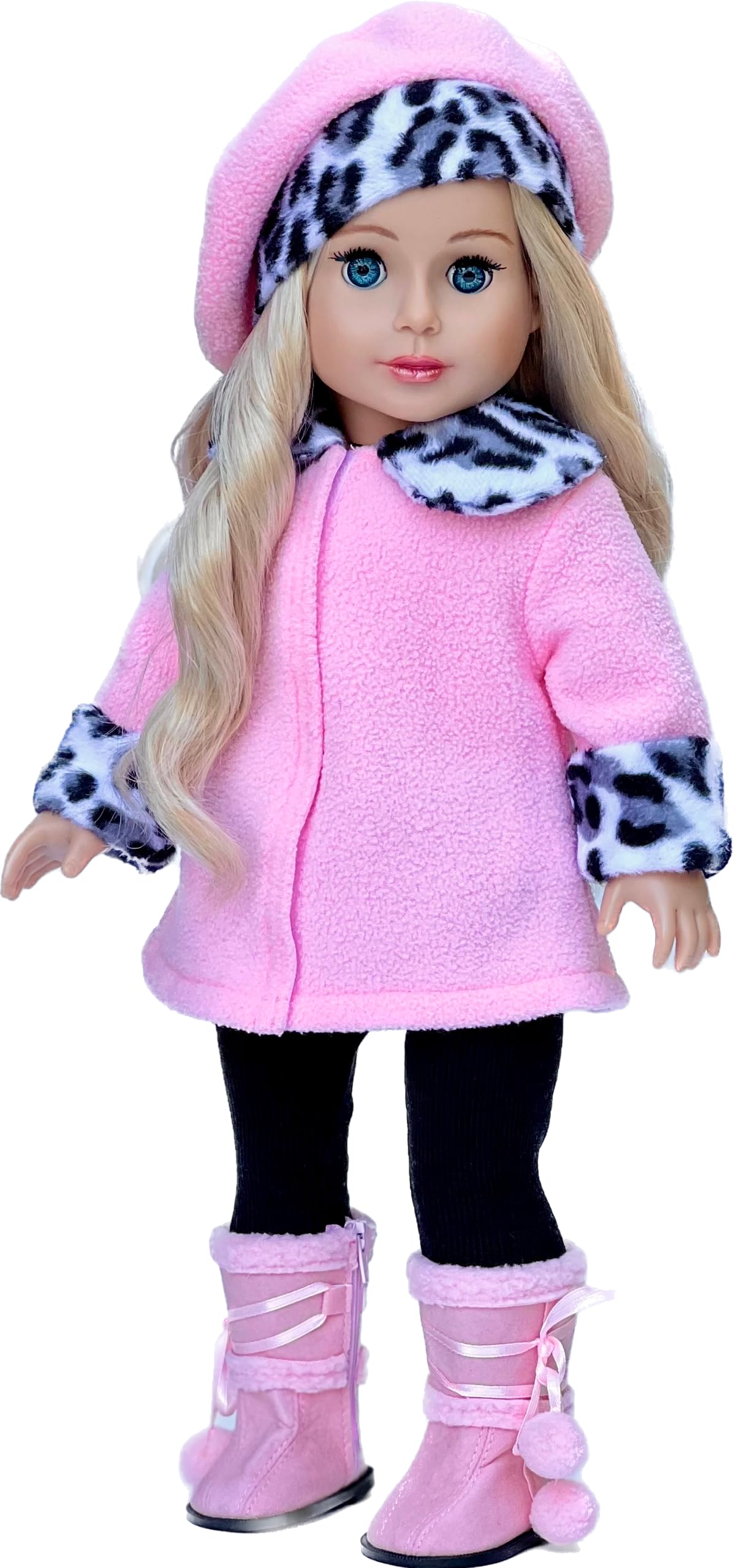 Elegance - 4 Piece 18 inch Doll Outfit - Pink Fleece Coat, Matching Hat, Brown Pants and Sherpa Boots - (Doll Not Included)