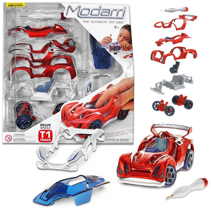 Modarri Delux T1 Track Car Red | Stem Educational Toy Cars | Make a Model Car - Design Your Own Working Race Cars | Fun and Functional Building Toys