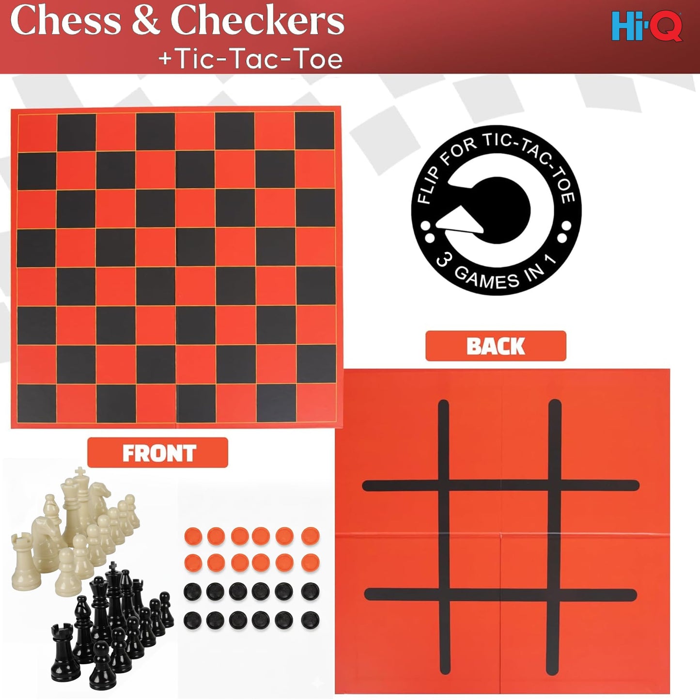 Hi-Q 3-in-1 Chess, Checkers & Tic-Tac-Toe Game Set - Double-Sided Folding Board - Staunton Style Pieces & Interlocking Checkers - Classic Strategy