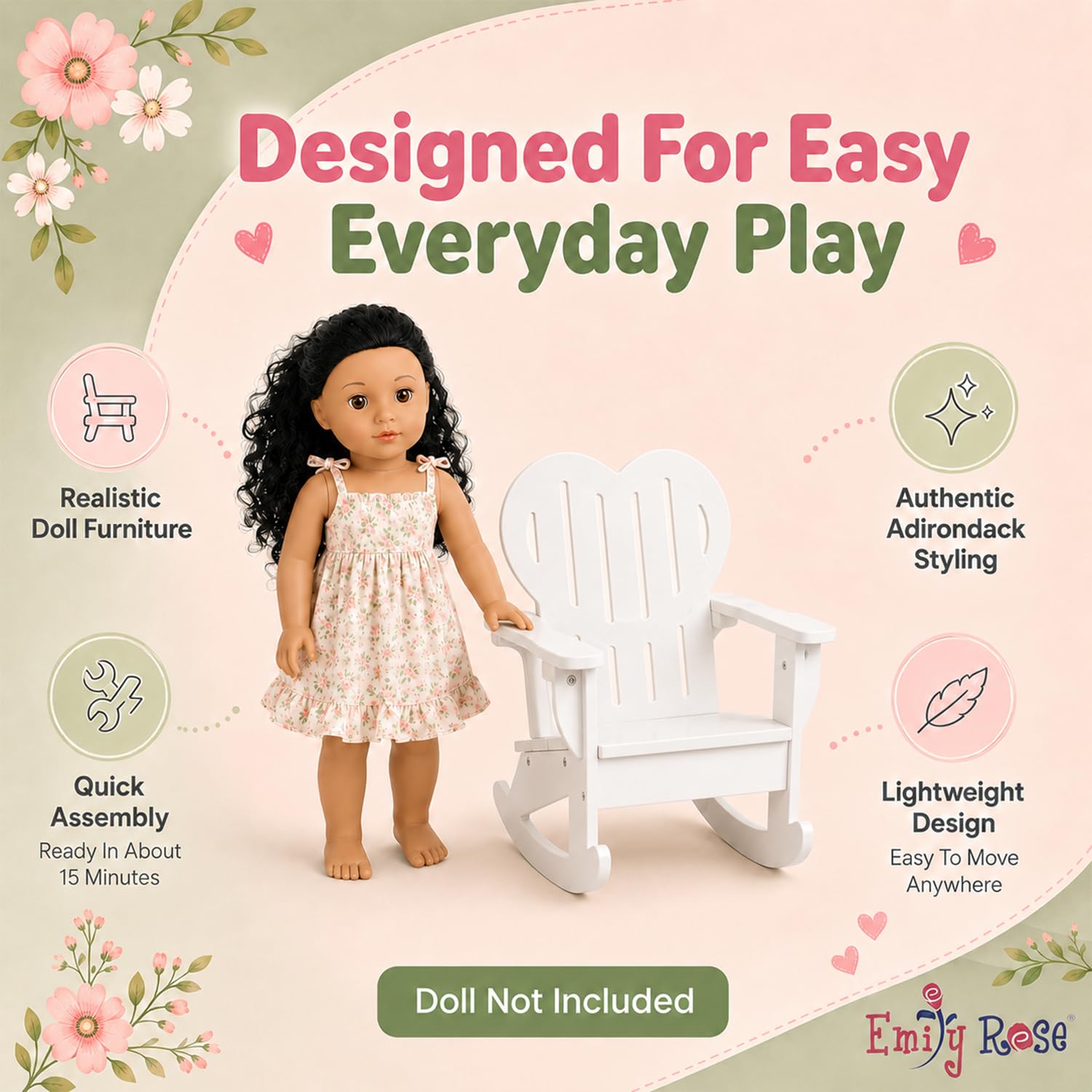 Emily Rose 18" Doll Adirondack Rocking Chair - Pink Wooden Heart-Back Design Furniture with Smooth Rocking Motion - USA Brand - Compatible