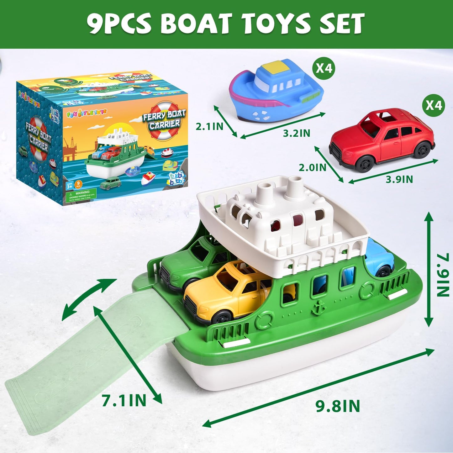Ferry Boat Bath Toy with Mini Cars, Floating Water Play Set with Boat Squirters for Toddlers 1-3 & Kids Ages 4-8