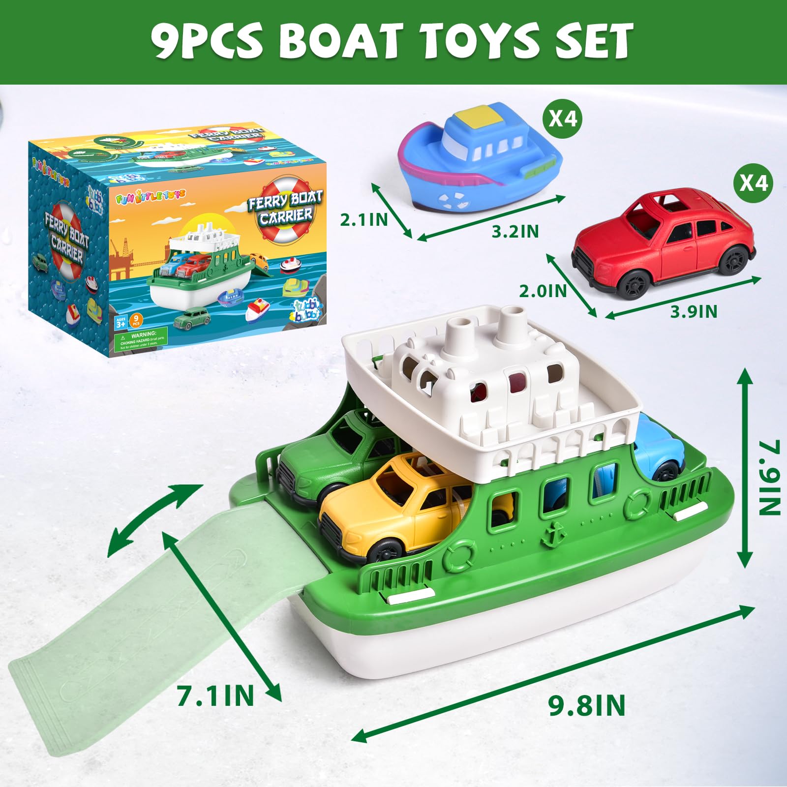 Ferry Boat Bath Toy with Mini Cars, Floating Water Play Set with Boat Squirters for Toddlers 1-3 & Kids Ages 4-8