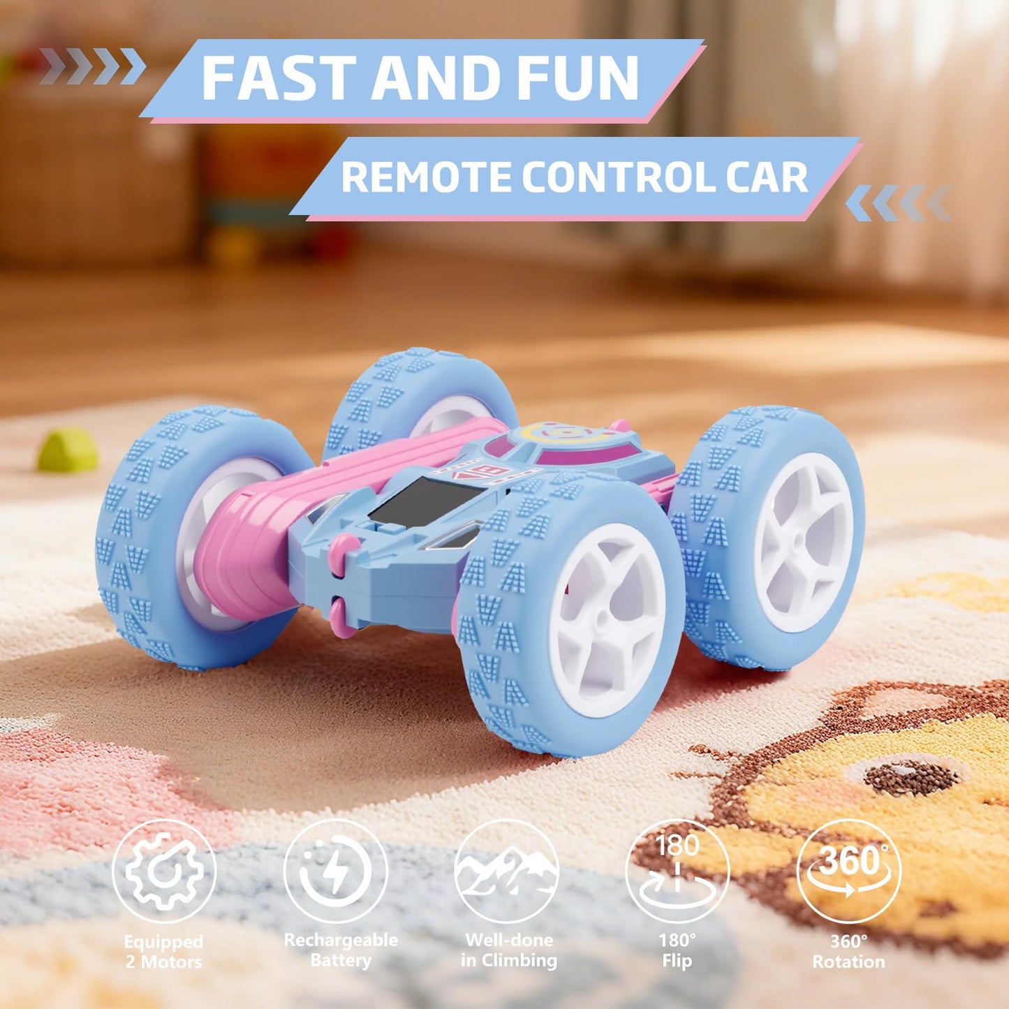 Remote Control Car, RC Cars Toys for Kids Ages 6-12, 2.4GHz RC Stunt Truck with 360° Double-Sided Flips, 4WD Off-Road Racing, Christmas Birthday Gifts