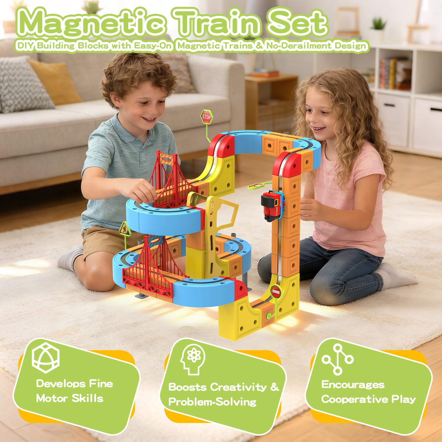 Electric Train Set for Kids, 88PCS Flexible 3D Cube Track STEM Magnetic Toy