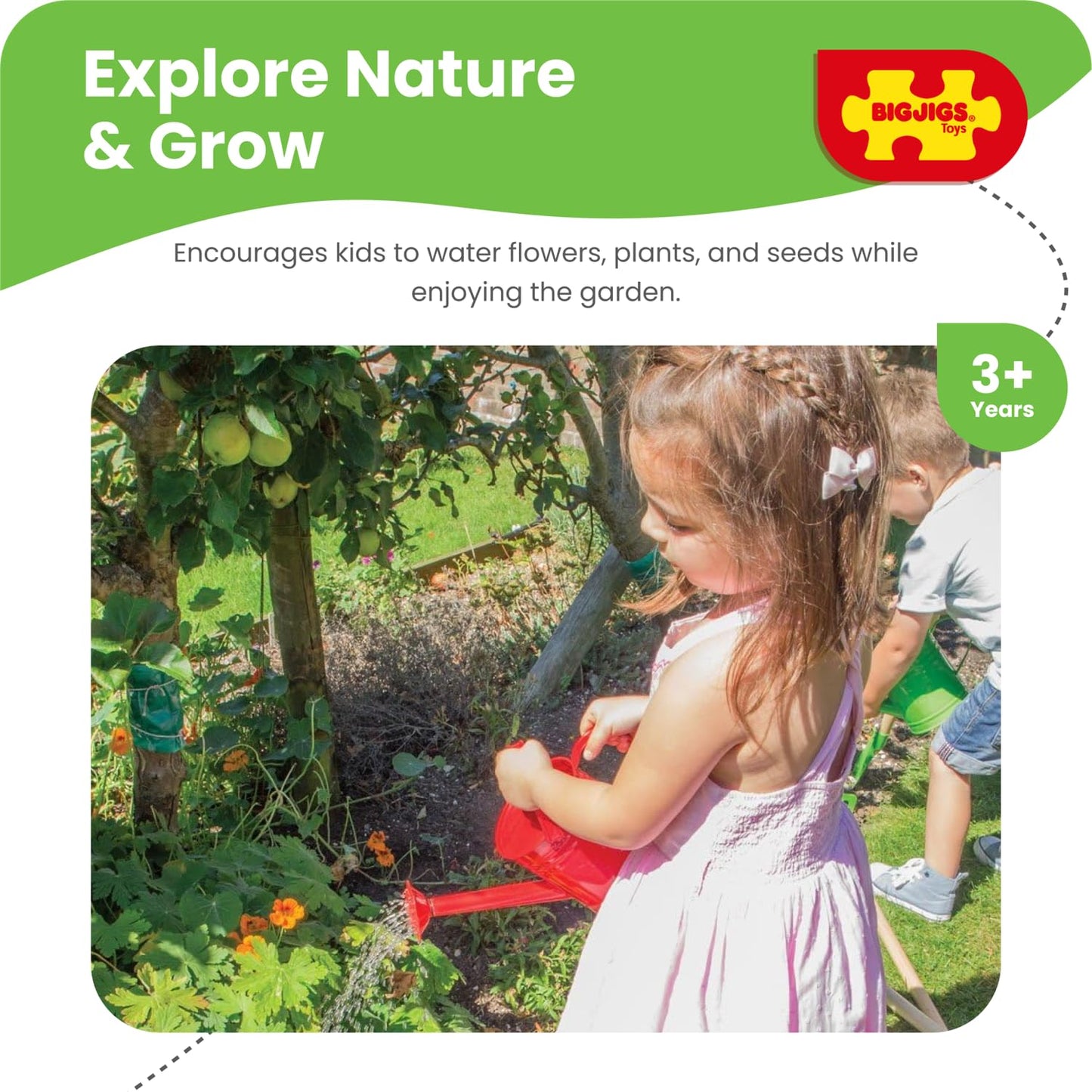 Bigjigs Toys Red Children's Watering Can with Fixed Spout, Top & Side Handle - Sturdy Kids Watering Can, Quality Kids Gardening Tools & Childrens