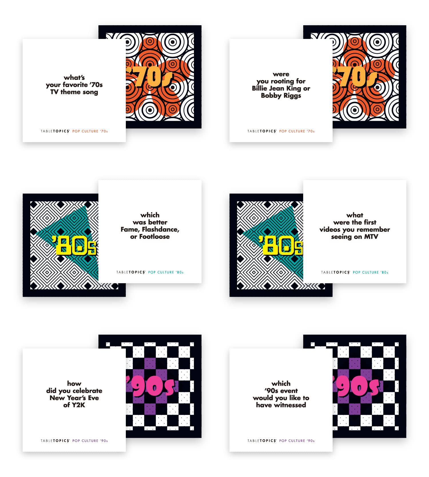 TableTopics Pop Culture Conversation Pack ’70s, ’80s, and ’90s - 120 Conversation Starter Cards, Themed Question Card Game to Play with Adult Friends