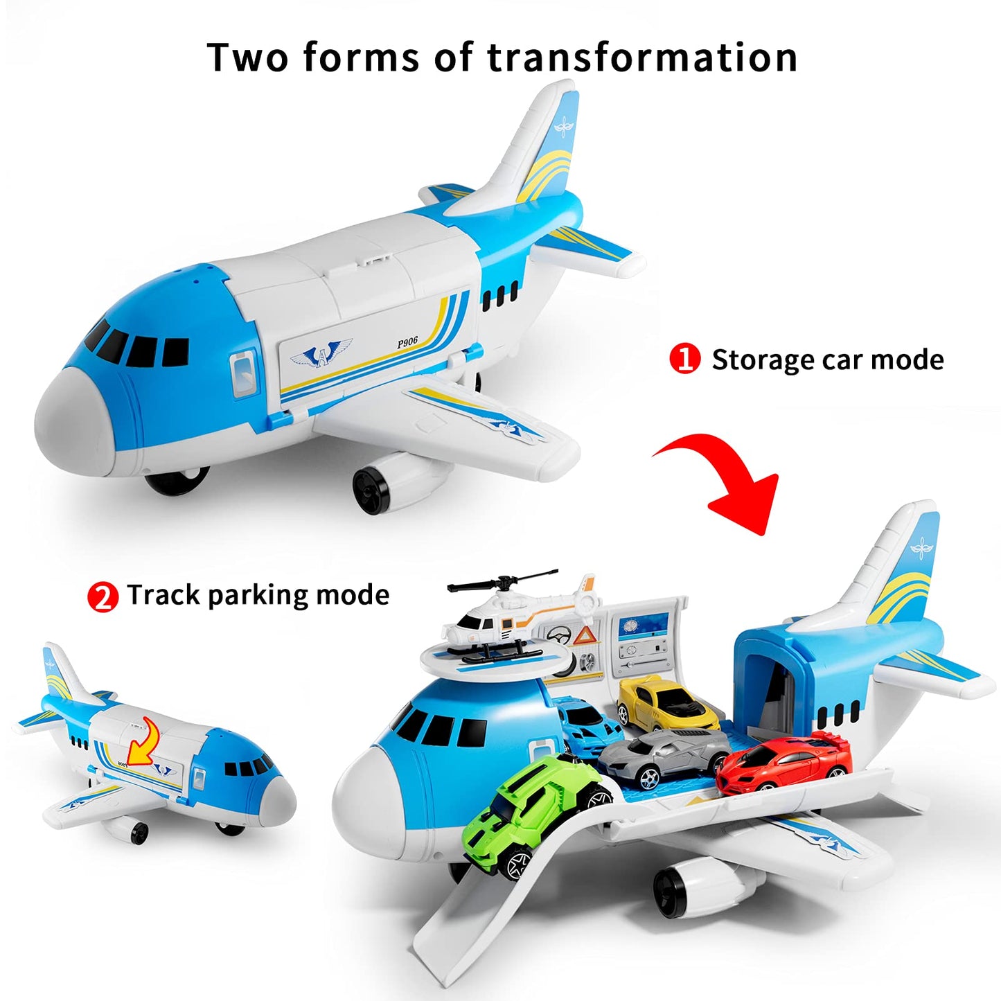 LOVE LIFE Airplane Toy Set Transport Cargo Plane Play Toy Gift for 3 4 5 6 Years Old Boys Girls Kids,Aircraft Vehicle Toys with 5 Mini Cars,Helicopter