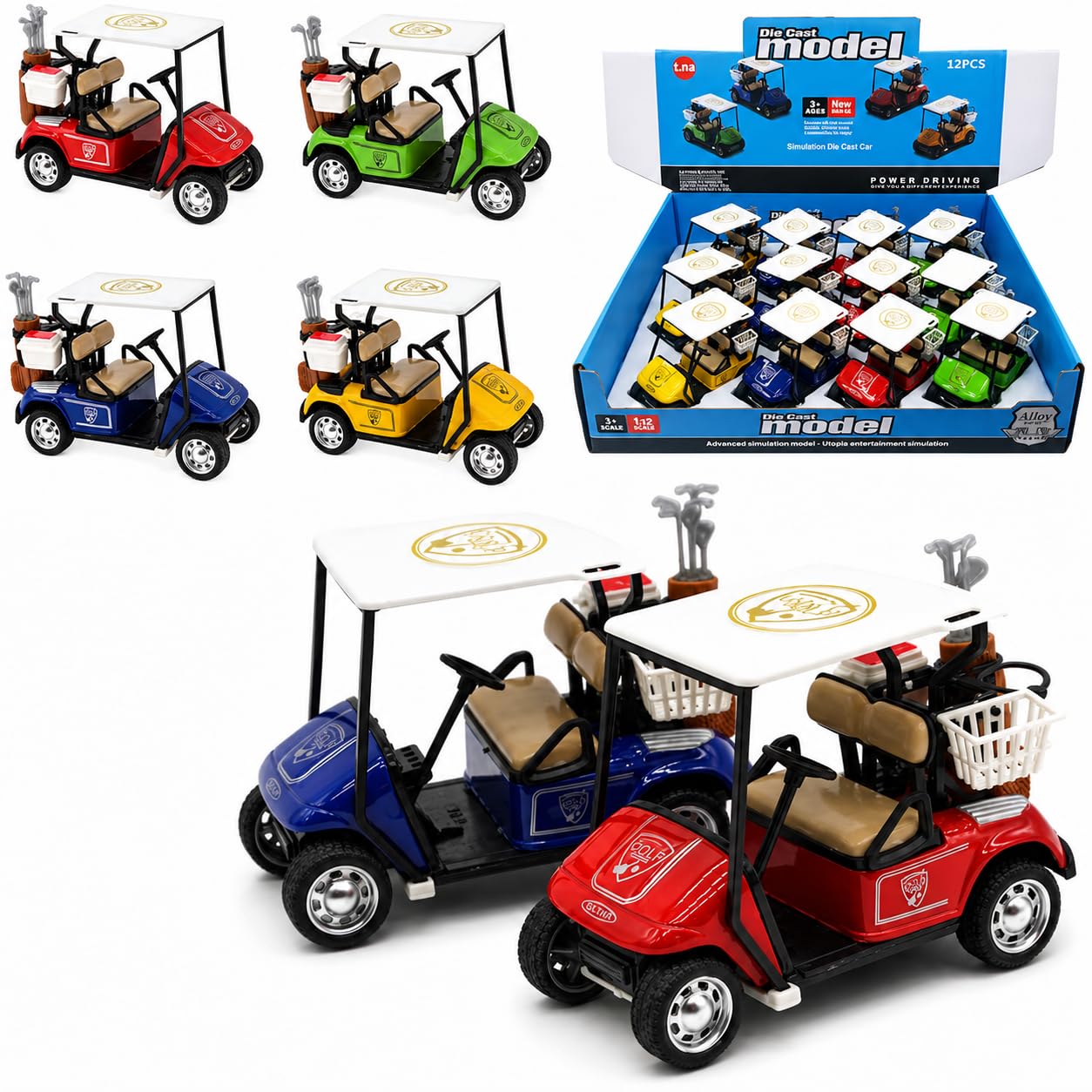 Box of 12 Mini Golf Carts Replicas, 4" Diecast Alloy Metal Pullback Action 1:32 Scale Model Toy Golfcart Vehicle for Table Golf Decor Golf Party