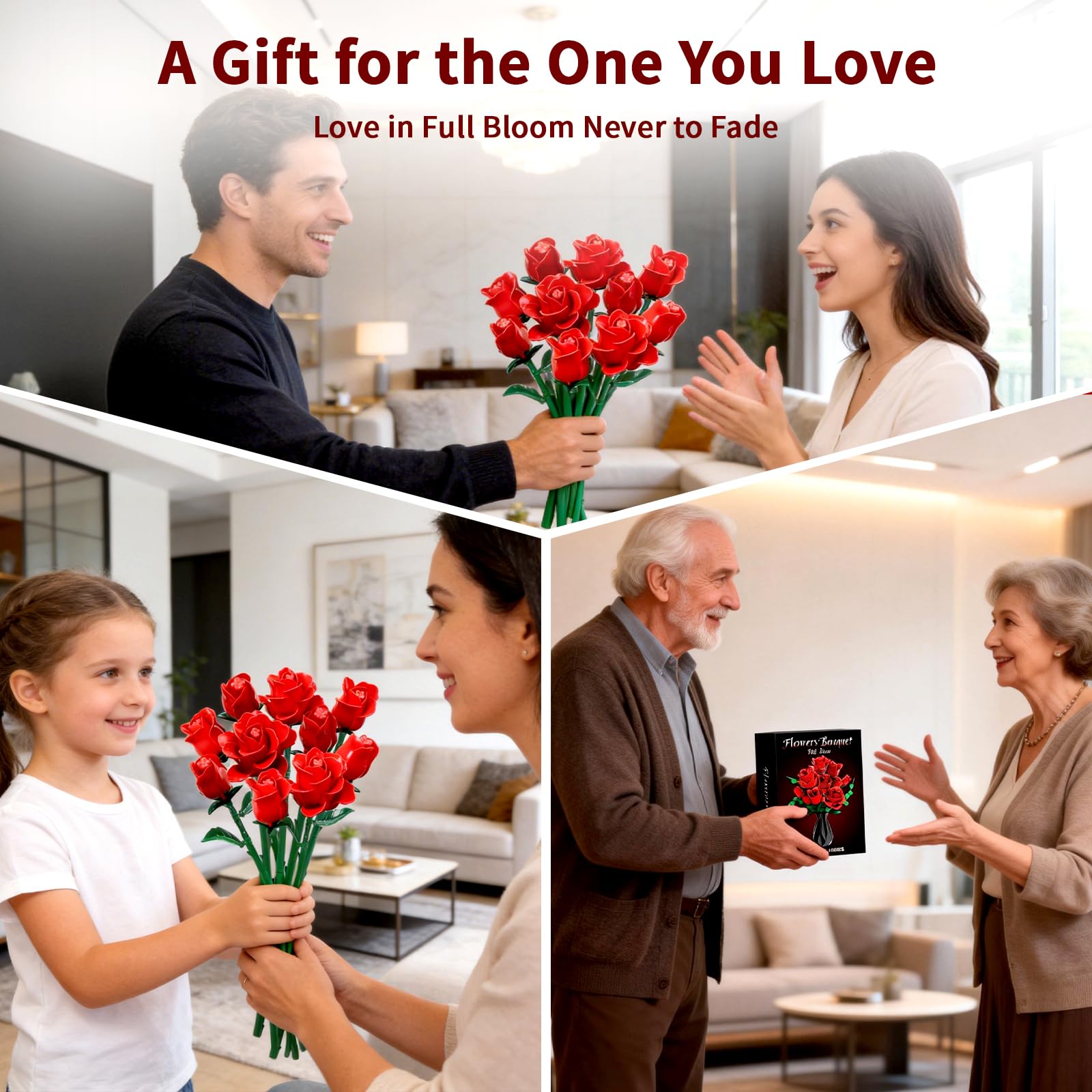 YOIUSFR Red Rose Flower Bouquet Building Set, 443 Pcs Botanical Collection Kit Artificial Flowers Blocks, Home Table Decor for Valentine's Day
