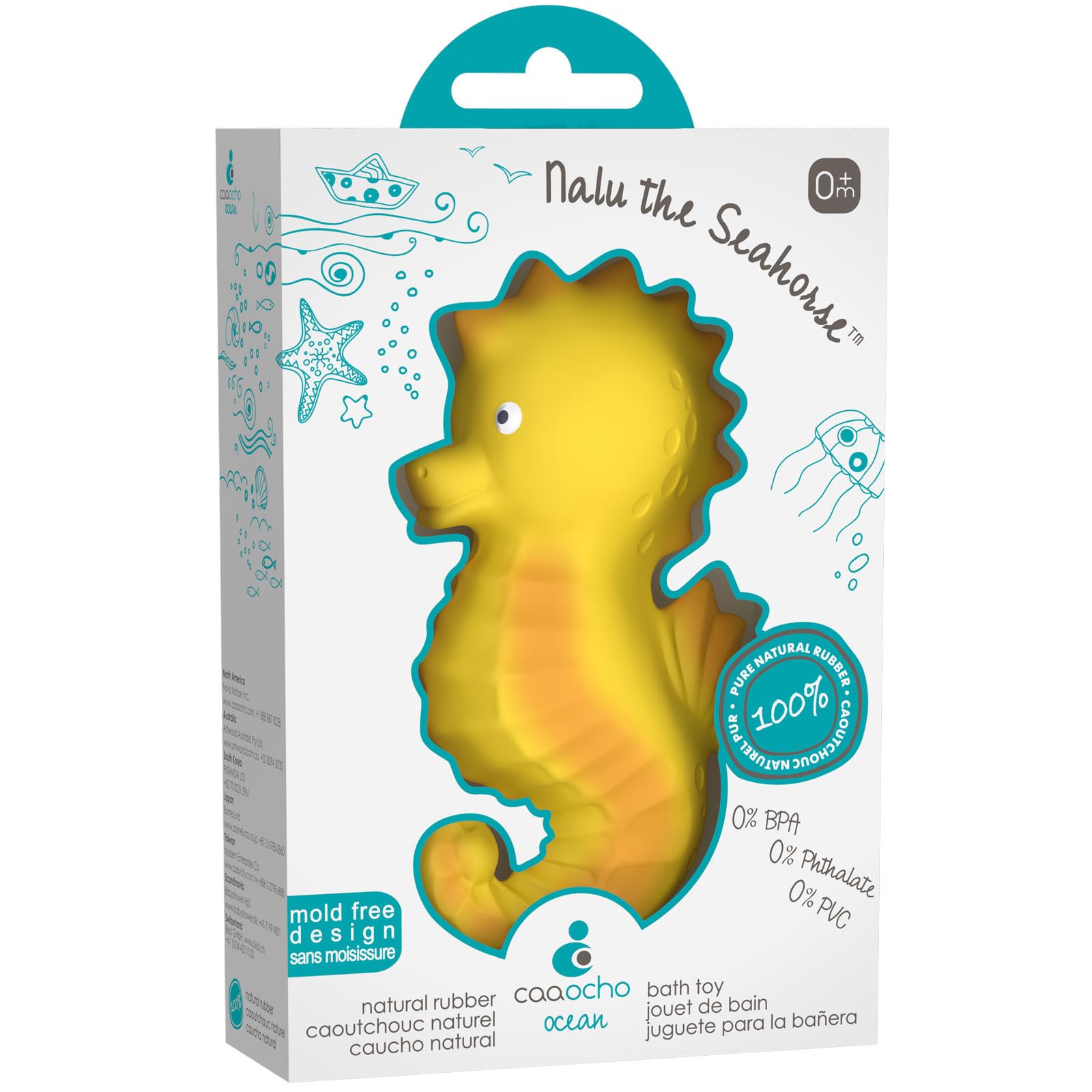 caaocho Pure Natural Rubber Bath Toy - Nalu The Seahorse - Hole Free Bath Toys, BPA Free Bath Toys for Infants, Without Holes Sealed Natural Rubber