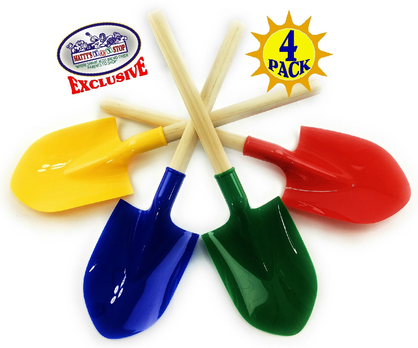 Matty's Toy Stop 16.5" Wooden Mini Sand Shovels for Kids with Plastic Spade (Red, Blue, Green & Yellow) Complete Gift Set Party Bundle - 4 Pack