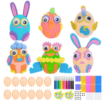 Fennoral 12 Pack Easter Egg Craft Kit for Kids Make You Own Easter Art and Craft Kit DIY Coloring Plastic Egg with Foam Sticker Pom Poms Color Pen