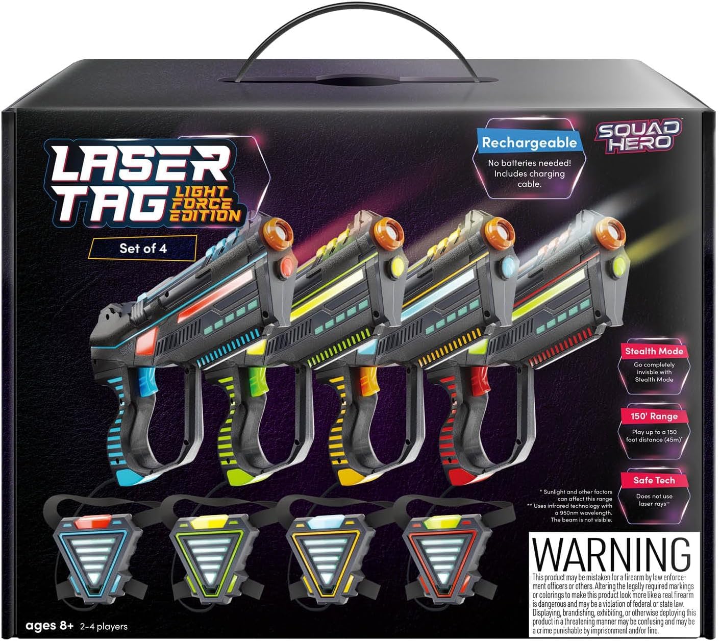 Squad Hero Rechargeable Laser Tag for Kids, Teens & Adults - Boys Gifts - Blasters & Vest Sensors - Fun Ideas Age 8+ Year Old Toys - 4 Set - Lazer