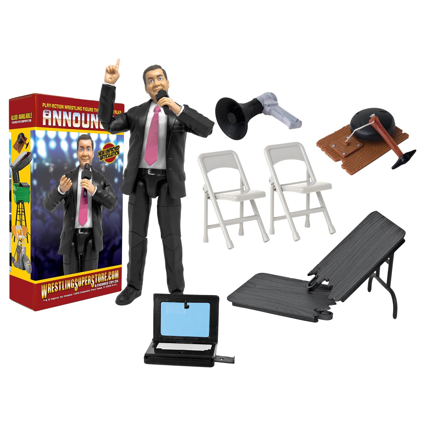 Talking Wrestling Ring Announcer & Accessory Set for Wrestling Action Figures
